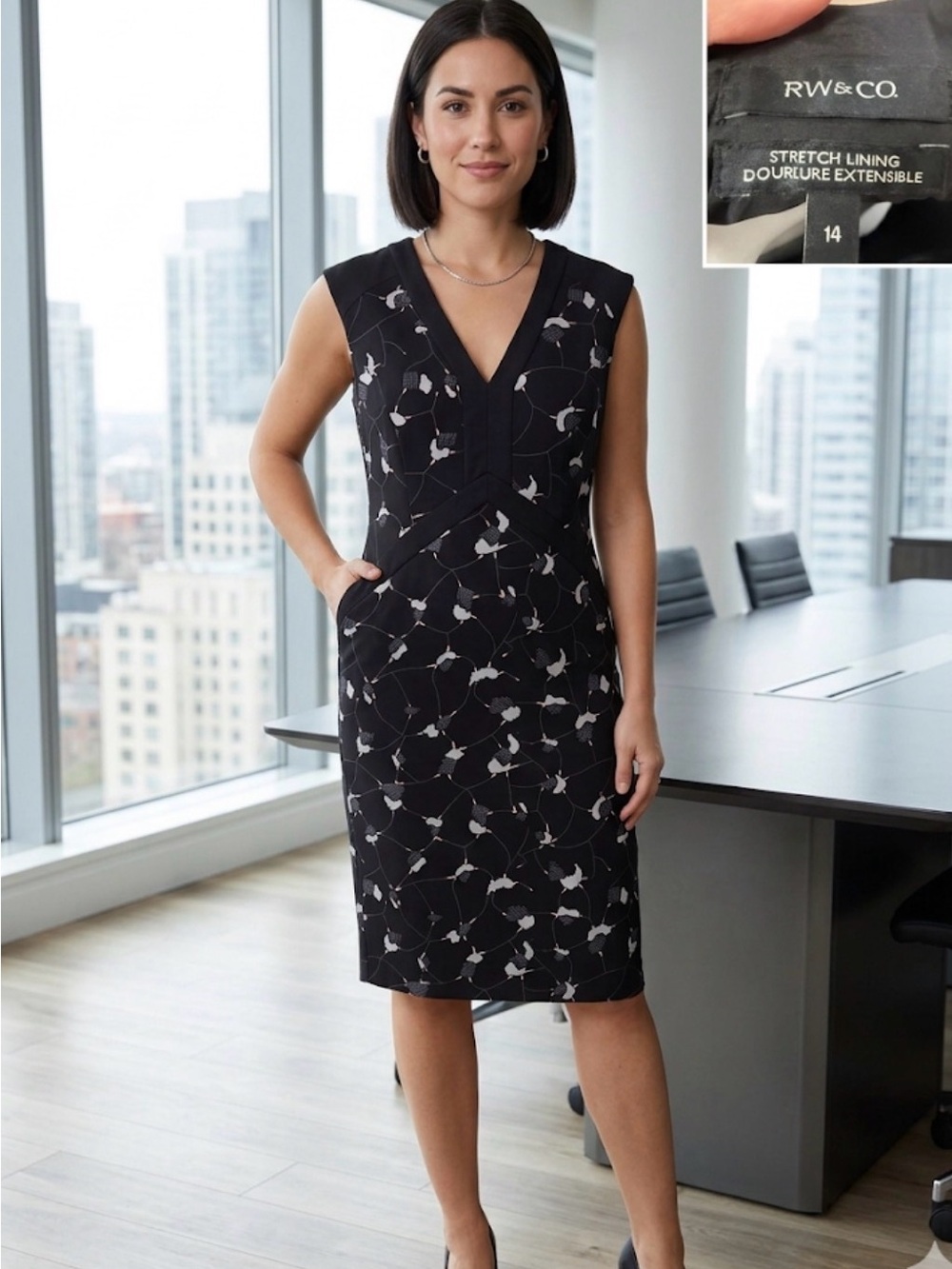 RW&CO. Black Floral Midi Sheath Dress with White Print